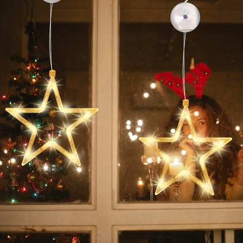 MUSUNIA Stern Lichterkette,2 Stück 10 LED Fenster Lichterkette Batteriebetriebene mit Saugnäpfe,Weihnachts deko Warmweiß Weihnachtsstern Innen für Weihnachts Deko