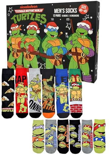 United Labels Teenage Mutant Ninja Turtles Calendario dell'Avvento con 12 paia di calzini da uomo, taglia 40-45, calendario con sneakers e calzini lunghi, calendario natalizio regalo