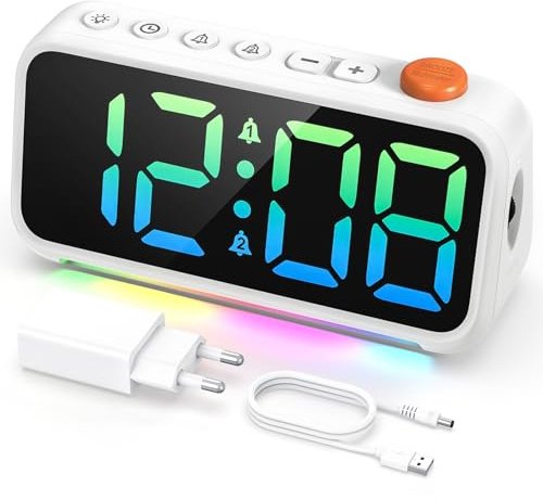 LATEC Wecker Digital mit 7 Modi RGB-Nachtlicht, 8 Farben LED Digitalanzeige, Einstellbarer Helligkeit und Lautstärke, 2 Alarme, Snooze, USB-Ladeanschluss, Netzbetrieben Weiß