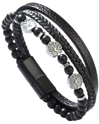 HUIANGLIYG Leder-Wickelarmbänder Mit Lebensbaum-Motiv Für Damen Und Herren, Mehrlagig, Geflochten, Naturstein, Lederarmbänder, Unisex, Mit Magnetverschluss, Schmuckgeschenk, Mattierter Stein, 19 Cm