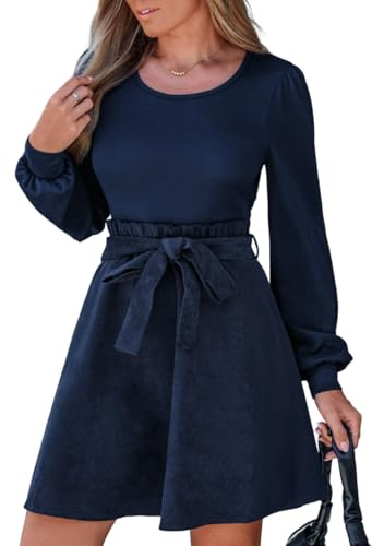 CUPSHE Damen Minikleid Cord mit Gürtel Bindegürtel Langarm Rundhals A-Linie Freizeitkleid Blau M