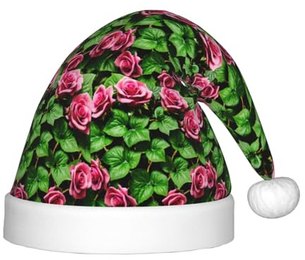 ABYchdd Chapeau de Noël en peluche imprimé floral rose lierre avec feuilles, chapeau de Noël en polyester pour cadeau de vacances, cosplay et événements