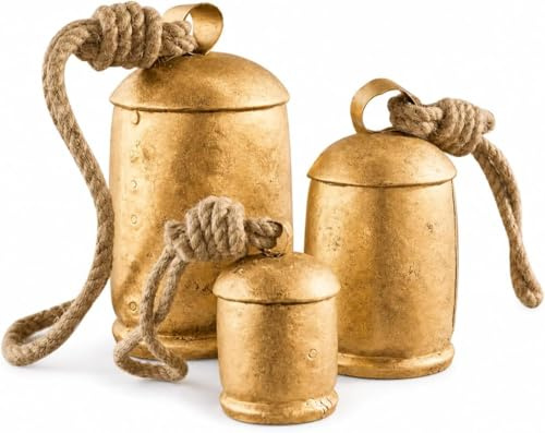 Grandi campane vintage dorate a forma di mucca per decorazioni natalizie rustiche da appendere su corda, campane di mucca vintage fatte a mano, rustiche portafortuna (set da 3, 6,8,10 cm) (set da 3