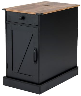FANTASK Beistelltisch mit Ladestation, Nachtschrank mit Schublade & verstellbarem Einlegeboden, Moderner Sofatisch mit klappbarer Tischplatte & abnehmbarem Tablett, Nachttisch für Wohnzimmer (Schwarz)