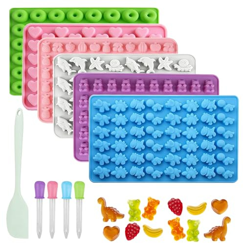 yolzhxe 6 Piezas Moldes Gominolas Silicona, Moldes para Chuches | con 4 Pipetas y 1 Raspador, Molde para Gelatina, Fácil Desmolde para la Producción de Chocolate, Cubitos de Hielo, Gelatinas