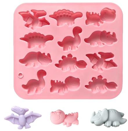Dinosaurier Silikonform Backen, 12er Schokoladenform für Pralinen, Gelee und Eiswürfel, Flexible Dinosaurier Backform aus Silikon für kreative Deko-Ideen, Rosa