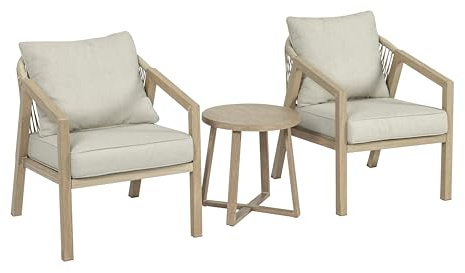 Koll Living Lounge-Set Amber | Outdoor Sitzgruppe mit Gartensofa, Gartensesseln & Tisch | Stahl in Holzoptik | wartungsfrei, UV- und witterungsbeständig ((3-TLG.) 2X Gartensessel + Beistelltisch)