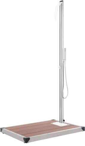 Runheo Doccia da giardino in acciaio inox con piastra di fondo marrone in WPC, altezza 225 cm, accessorio per piscina, doccia esterna con doccetta, soffione a cascata, accessori di montaggio per