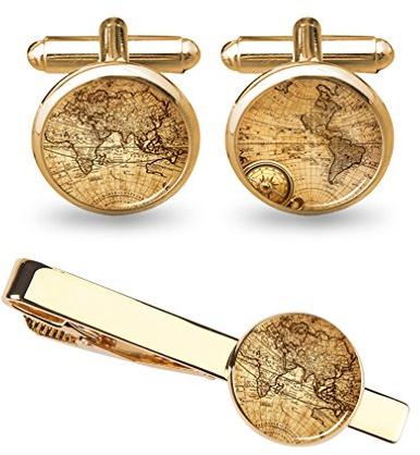 Cufflinks for Men World Map Cuff links Wedding Gifts for Father Grandfather Dad Tie Clip Bar (World map Cufflinks and tie clips gold)