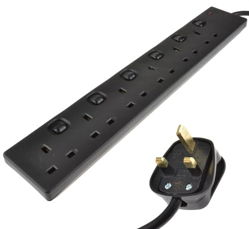 kenable 6 Way Gang Extension Lead with Individual Switches | UK Mains Power Strip with Neon Indicator | Tamper Proof BS1363/A | Wall Mountable | Black 5m Cable