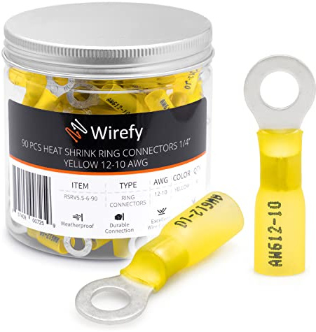 Wirefy Gelbe Ringkabelschuhe Schrumpfverbinder M6 - Lötfreie Kabelschuhe Sortiment - Ringkabelschuh Quetschverbinder 4-6 mm² - 90 Stück