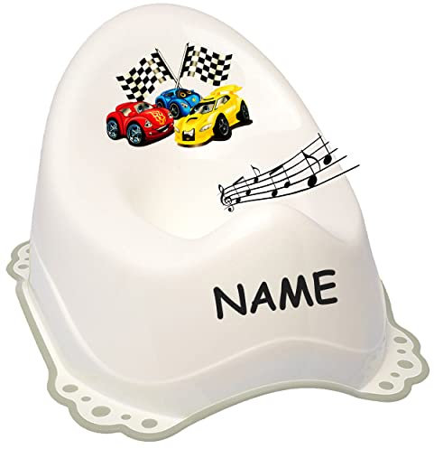 alles-meine.de GmbH Musik & Sound - Anti RUTSCH - Töpfchen/Nachttopf/Babytopf - weiß - grau Auto - Rennwagen inkl. Name - Bieco - Melody - mit großer Lehne + Spritzschut..