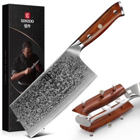 XINZUO Hackmesser Damaststahl 18cm Chinesisches Kochmesser, Hochwertige Profi Hackbeil Scharfe Klinge Küchenmesser, Geschenk box, mit Rosewood Griff - Yu Serie