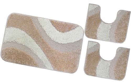emmevi Tappeto Bagno Moderno Parure Set 3 Pezzi Morbido Soffice Shaggy Antiscivolo Lavabile Beige