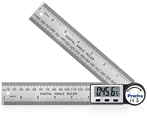Angle Ruler, Preciva Digital Angles Finder Rule Protractor, 400mm Length Measure with LCD Display, Stainless Steel Woodworking Detector, Hold/Rev, Mm/Inch for Construction (Silver)