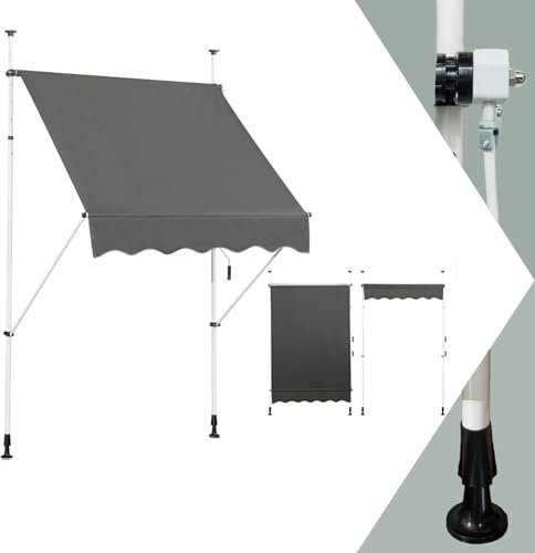GYMAX Tenda da Sole a Bracci Regolabile in Altezza, Tenda da Sole con Manovella per Balcone, Tenda Impermeabile e Resistente al Sole, Altezza Regolabile da 2M a 3M, per Finestra (Grigio, 150CM)