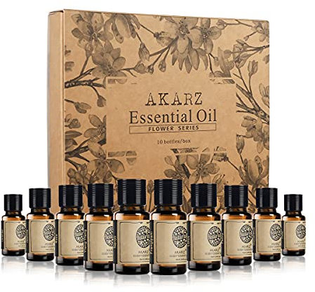 AKARZ Flower Series 10x10ML juegos de aceites esenciales lavanda, jazmín, rosa, ylang, neroli, frangipani, loto, peonía, osmanto, violeta, aceite esencial, para el cuidado del cuerpo, aromaterapia