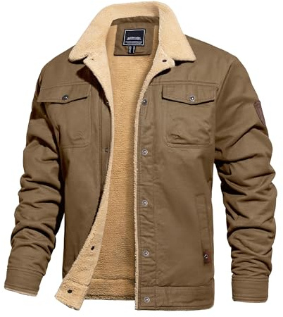 TACVASEN Winter Jackets for Men Fleece Lined Trucker Jacket Cotton Sherpa Cargo Coat Warm Thick Tactical Military Combat Coat Khaki L