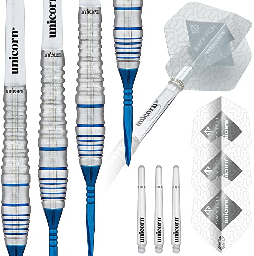 Unicorn Steeltip Dartpfeile Set | Swytch | 80% natürliches Wolfram Barrels mit blauen Akzenten & Blue Volute Converta Points | 24g