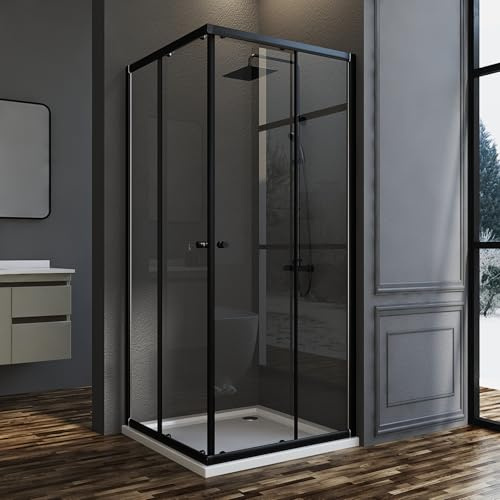 Duschkabine Eckeinstieg mit Doppelschiebetür Schwarz 75x75x185 cm, Schiebetüren Duschabtrennung Duschwand 6mm ESG gehärtetes Glas, Dusche Duschtür Höhe 185 cm