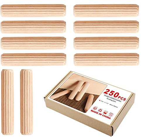 Faankiton Tasselli in Legno, Scanalate in Legno, Perni di Legno Duro Perno Scanalato, Spine Legno per Progetti di Artigianato di Mobili e Fai Da Te (250 Pezzi 8x40mm)