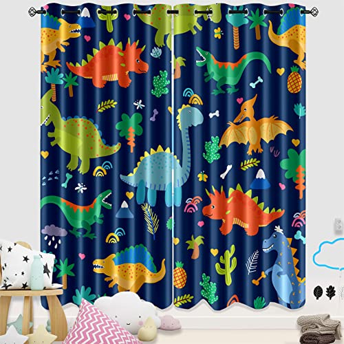 Kossmjx Cartoon Dinosaur Curtain Panels Curtains Blue Curtains for Boys Bedroom Grommet Top Window Treatment 2 Panels Drapes Kids Room Decor Navy Blue Curtain 84 Inch Length, 82 x 84