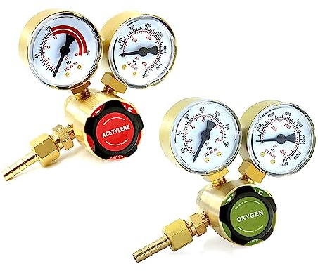 KOLENSA Doppelschweiß-Gasmessgeräte, Sauerstoff (CGA-540) Acetylen (CGA-200) Regler Combo (2 Stück), komplettes Messing-Set für tragbare Tanks, kompatibel mit Victor Torch Cutting