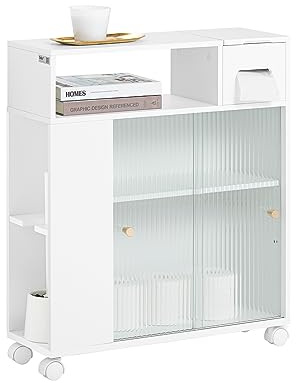 SoBuy Armoire WC Toilettes Compact Roulante, Meuble de Rangement Salle de Bain Étroit sur roulettes, Support Papier Toilette avec 2 Portes Coulissantes en Verre, 60 x 20 x 71 cm, BZR117-W