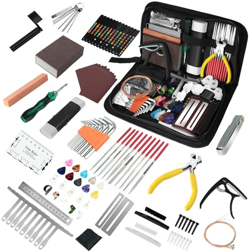 106Pcs Guitar Tool Kit, Guitar Accessories Guitar Maintenance Kit, Guitar Repair Kit with Capo Guitar Strings Picks Bridge Pins Gauge, TIMDAM Guitar Setup Kit for Ukulele Bass Mandolin Banjo Guitar