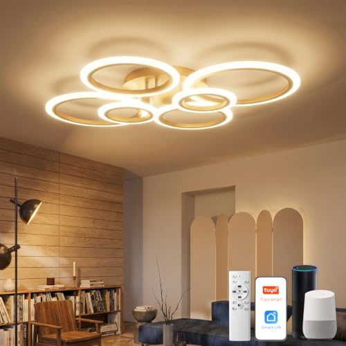 YUNLONG Smart Deckenlampe Wohnzimmer Kompatibel mit Alexa & Google Home, WiFi Moderne Led Wohnzimmerlampe Decke 6 Ringe, Deckenleuchten Dimmbar mit Fernbedienung 36W, 3200LM, für Wohnbereich, Gold