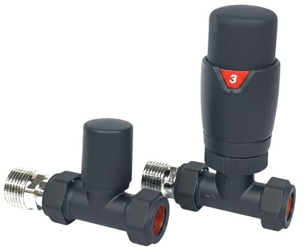 Oslo Straight Anthracite Thermostatic Radiator & Towel Rail Valve 1/2-15mm | TRV, Designer, TRV + Lock shield Set, Central Heating