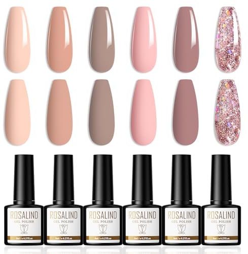 ROSALIND Gel Nagellack UV Nude Rosa Lila Glitzer 6 Farben Shellac Gellack UV Lack Soak Off UV/LED Nail Polish Set Geeignet für Heimnagel DIY, Nagelstudio, 8ml