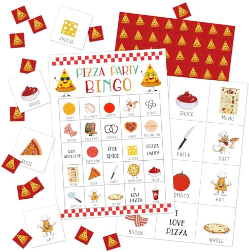 Pizza Party Bingo Game - 24 Player Bingo Cards for Women, Men, Family & Friends - Holiday Party Activities & Supplies - JK0102