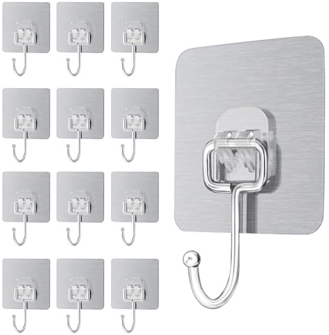 MOSTFUN 12 Pack Self Adhesive Hooks, Adhesive Hooks Heavy Duty 66 lb/ 30kg (Max) Waterproof Sticky Hooks Strong Stick on Wall Hooks Nail Free for Bathroom Kitchen Office Ceiling (Gray)