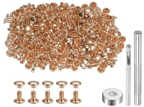 QUARKZMAN 200 Sets 6mm x 6mm Leder Nieten, Metall Doppelkappe Nieten Tubular Runde Druckknöpfe mit 3 Stück Werkzeugen für Handwerk Reparatur Dekoration Gürtel Kleidung (Hellgold)