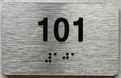 Apartment number 100 sign - Unit number 100 SIGN / Suite 100 sign comes with Raised letters & Grade 2 Braille - Includes Red Adhesive pad for Easy Installation (2.5 W x 4 H,Brushed Aluminum/silver, Tacticle Sign) - The park Ave Line (Apt 101)