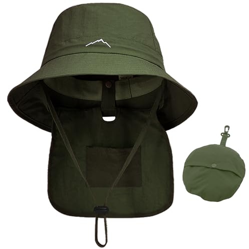 WANYI Sonnenhut Damen Herren mit Nackenklappe UV-Schutz Faltbar Sommerhut Fischerhut Wasserdicht Schnell Trocken Boonie Hut Outdoor Wanderhut Regenhut Safari Hut 55-58CM(Armeegrün)