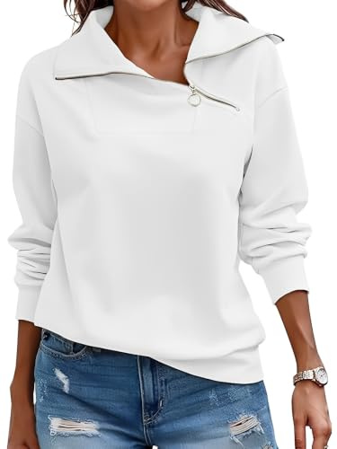 Cuptacc Sweatshirts for Women Jumpers Ladies Tops Long Sleeve Quarter Zip Jumper Stand Up Lapel Collar Thermal Pullover White, Large L 16-18