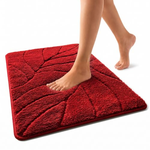 Floordirekt Badteppich - extra flauschig & schnelltrocknend - Badezimmerteppich mit rutschhemmender Rückseite - Badematte Duschvorleger (Maris) (Rot, 60 x 120 cm)