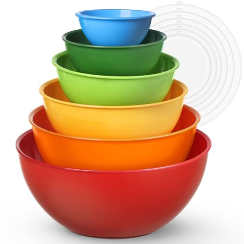 Greentainer Salatschüssel Set mit Deckel, 12-teiliges Rührschüssel aus Kunststoff, Stapelbare mixing bowls with lids für Küche,Große Schüsselset,Servierschalen ideal zum Mischen und Servieren