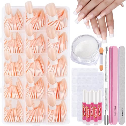 Teenitor Long Square Press on Nails - 15 Sizes, French Tip Nails