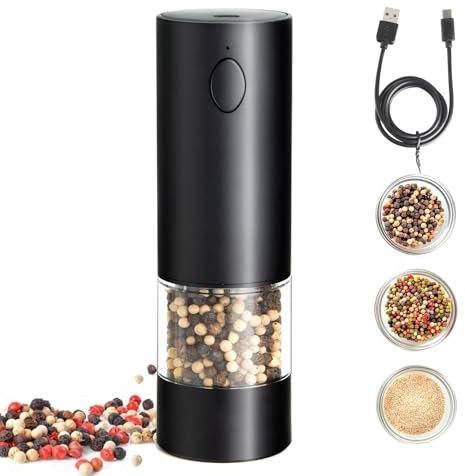 XXFLOWER Electric Pepper Grinder,USB Rechargeable Salt and Pepper Mill with Adjustable Coarseness and LED Light,One Touch Operation for BBQ,Kitchen,Restaurant,Camping(Black)