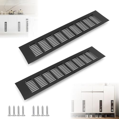 2 Piezas Rejilla Ventilacion Rectangular, Rejillas de Ventilación de Aluminio 400x80 mm, Rejilla Ventilacion Mueble Cocina, para Ventilación de Armarios y Dormitorios (Negro（400mm x 80mm）)