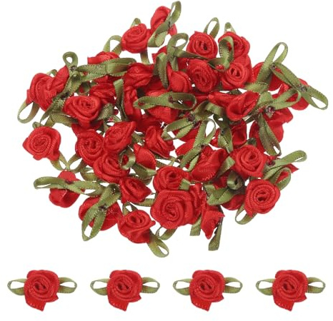 QUARKZMAN 30 Stück Rote Künstliche Mini Schleifen Blumen 5/8 x1-3/16 Mini-Rosen Schleifen Rosen mit Blatt Deko Stoffblumen Satinband für Nähen Verpacken Applikationen Basteln Hochzeit