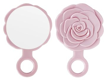 Funerom Runder Rosebud Kleiner Handspiegel Handspiegel mit Griff Großer Handspiegel (Kunststoff Rosa, 16,3 x 10,7 cm)