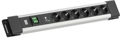 BACHMANN CONNECTUS 6-Fach Steckdosenleiste (Robuste Mehrfachsteckdose mit Schalter, Überspannungsschutz Plus und 2m Kabel) Grau, Schwarz