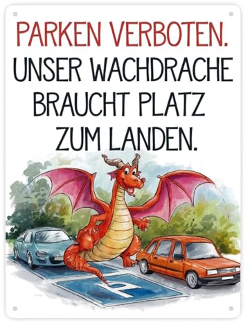 Freundlicher Cartoon Drache Metallschild XXL in 28x38 cm Parken verboten Lustiges Deko-Schild für Zuhause oder Büro