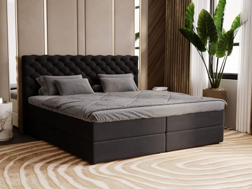 GRAINGOLD Bergamo Bett 180x200, Boxspringbett mit Bettkasten, Polsterbett mit Bonell-Matratze, Samt Stoff, mit Topper, mit Kopfteil (Schwarz, 180x200)