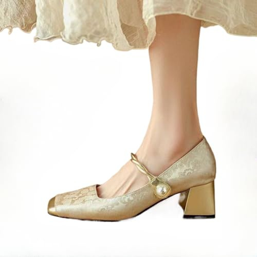 Zapatos de noche Mary Jane de primavera y verano con tacón medio grueso y tacón bajo con punta cuadrada zapatos de vestir clásicos para mujer (Champán,39)
