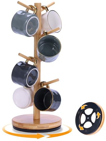 Krispmaild Mug Holder Tree, Upgraded 360° Rotated 8 Hooks Coffee Mug Holders for Counter, Bamboo Mug Rack Stand for Coffee Bar Accessories